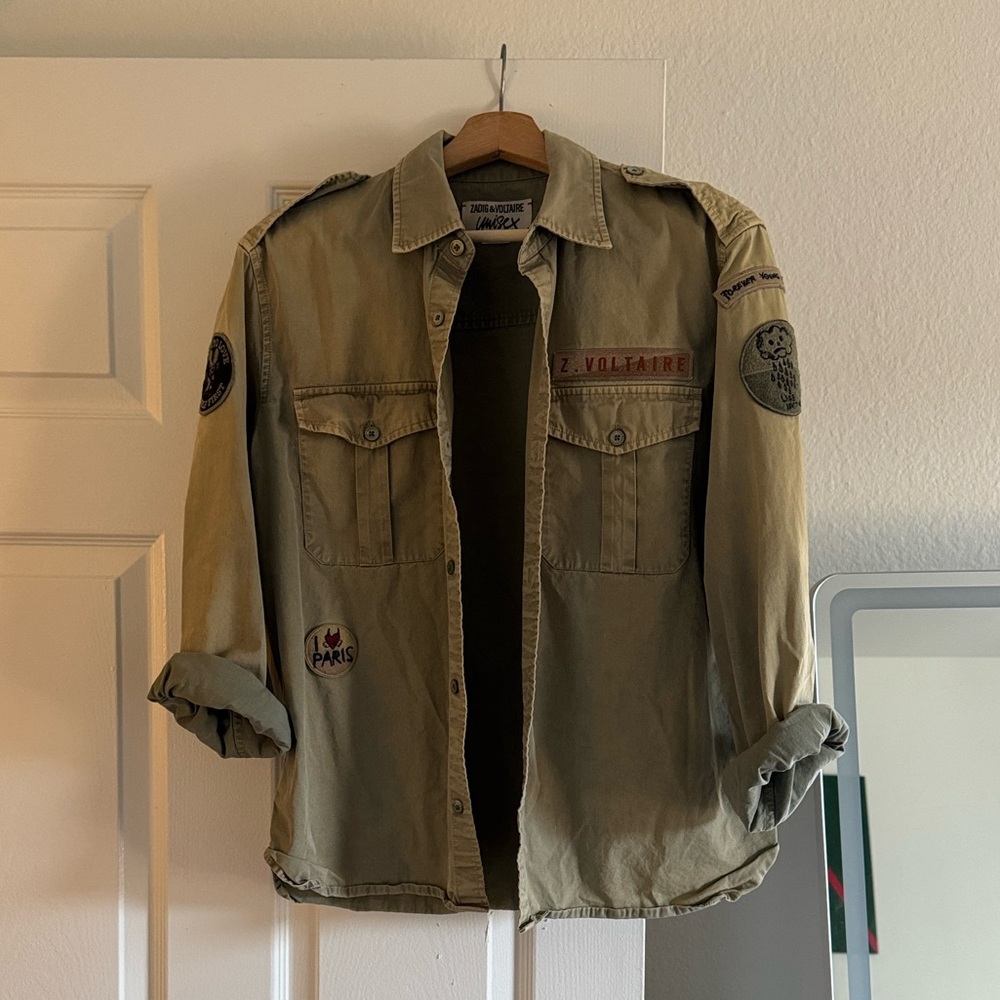 Zadig & Voltaire Olive Green Military Shirt Jacket with Patches